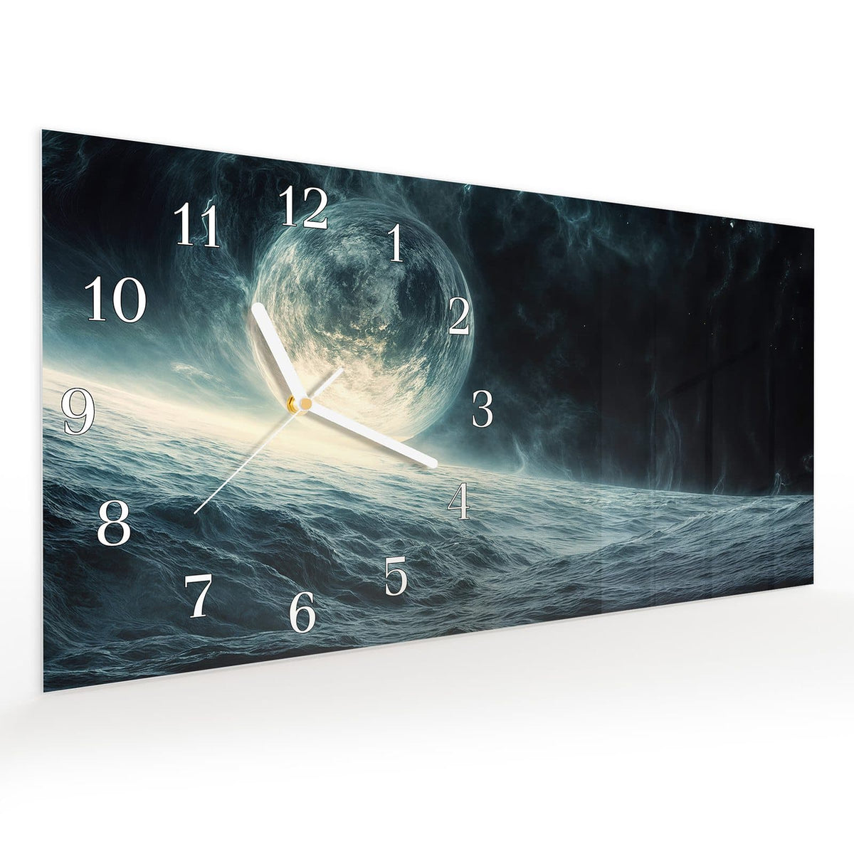 Vormontiert – mit Schwebeeffekt – Wanduhr Sterne im Kosmos aus Glas – Querformat 60 × 30 cm