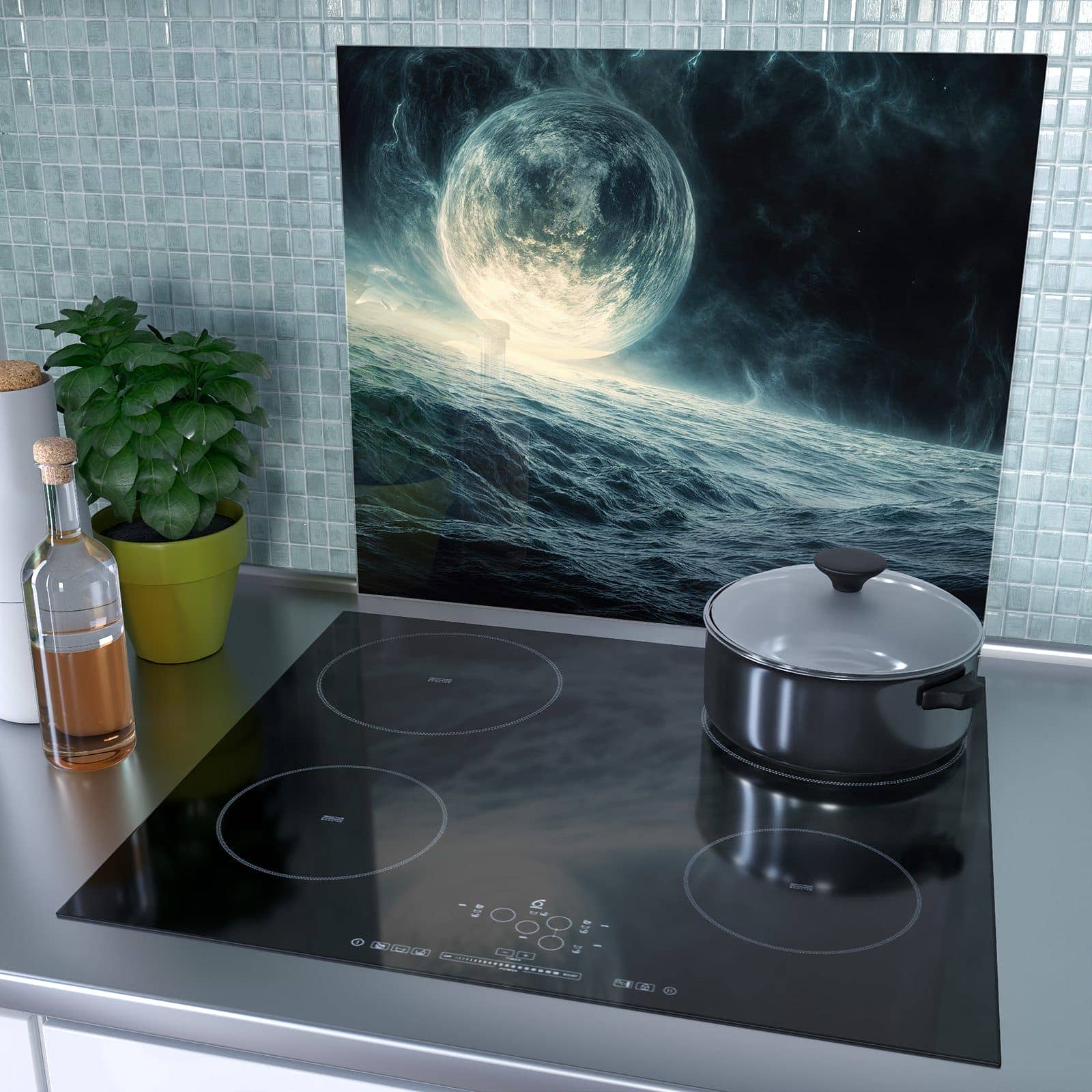 1-teilige Herdabdeckplatte aus Glas mit Sterne im Kosmos-Motiv als Spritzschutz hinter dem Kochfeld