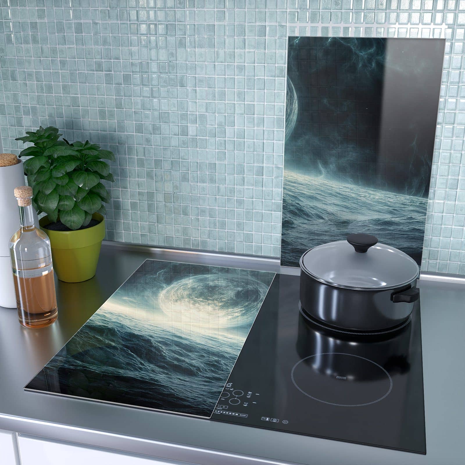 2-teilige Herdabdeckplatten mit Sterne im Kosmos-Motiv als Spritzschutz hinter dem Kochfeld