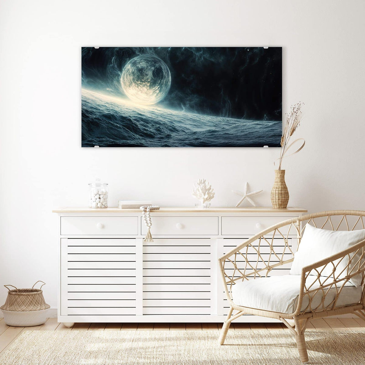 Echtglas, 4 mm – kein Acryl, keine Folie – Wandbild - Mond über dem Meer - Querformat
