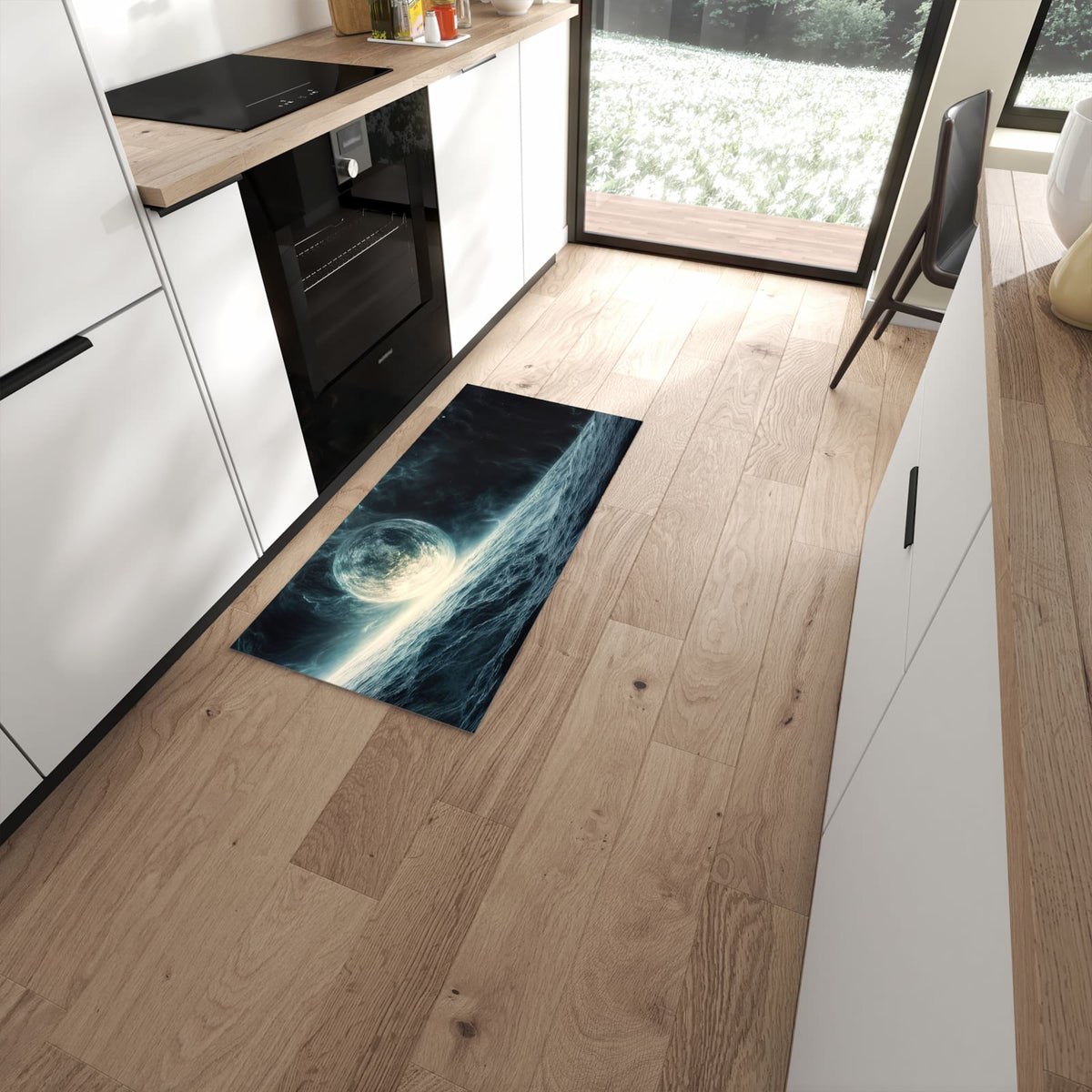 Komfortabler waschbarer Küchenteppich mit Motiv Sterne im Kosmos in moderner Küche #grösse_60 x 120 cm