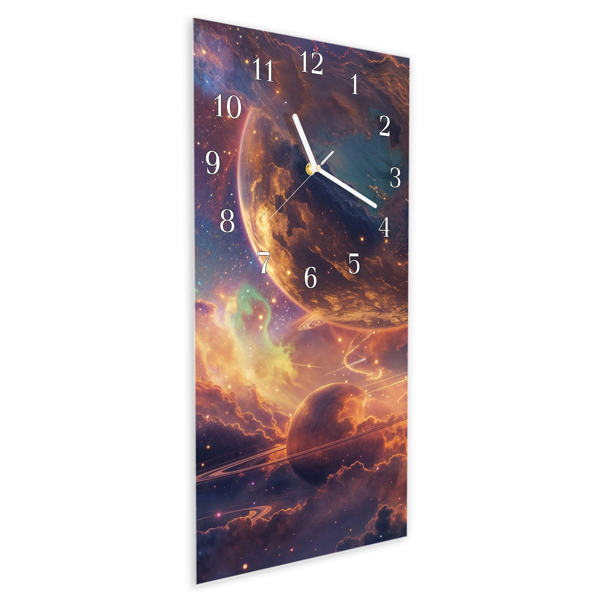 Vormontiert – mit Schwebeeffekt – Wanduhr Galaxie Fantasy aus Glas – Hochformat 30 × 60 cm