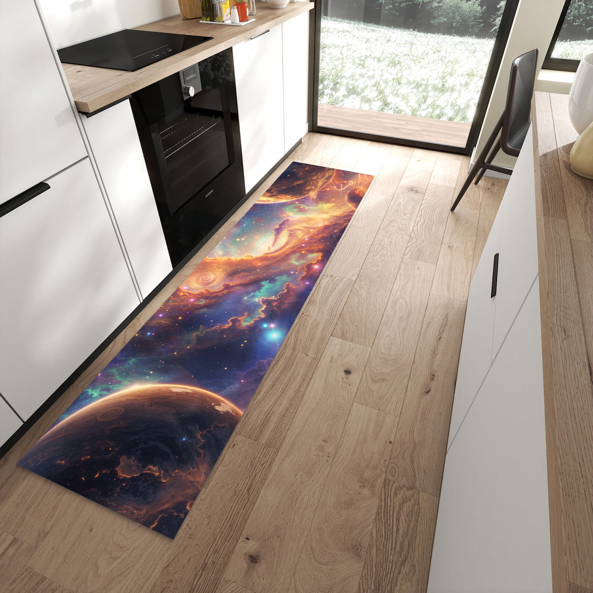 Abriebfester rutschfester Läufer mit Motiv Galaxie Fantasy in moderner Küche