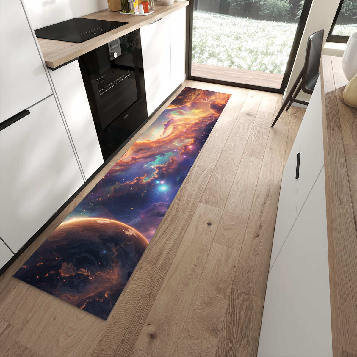 UV-beständiger dünner Teppich mit Motiv Galaxie Fantasy in moderner Küche