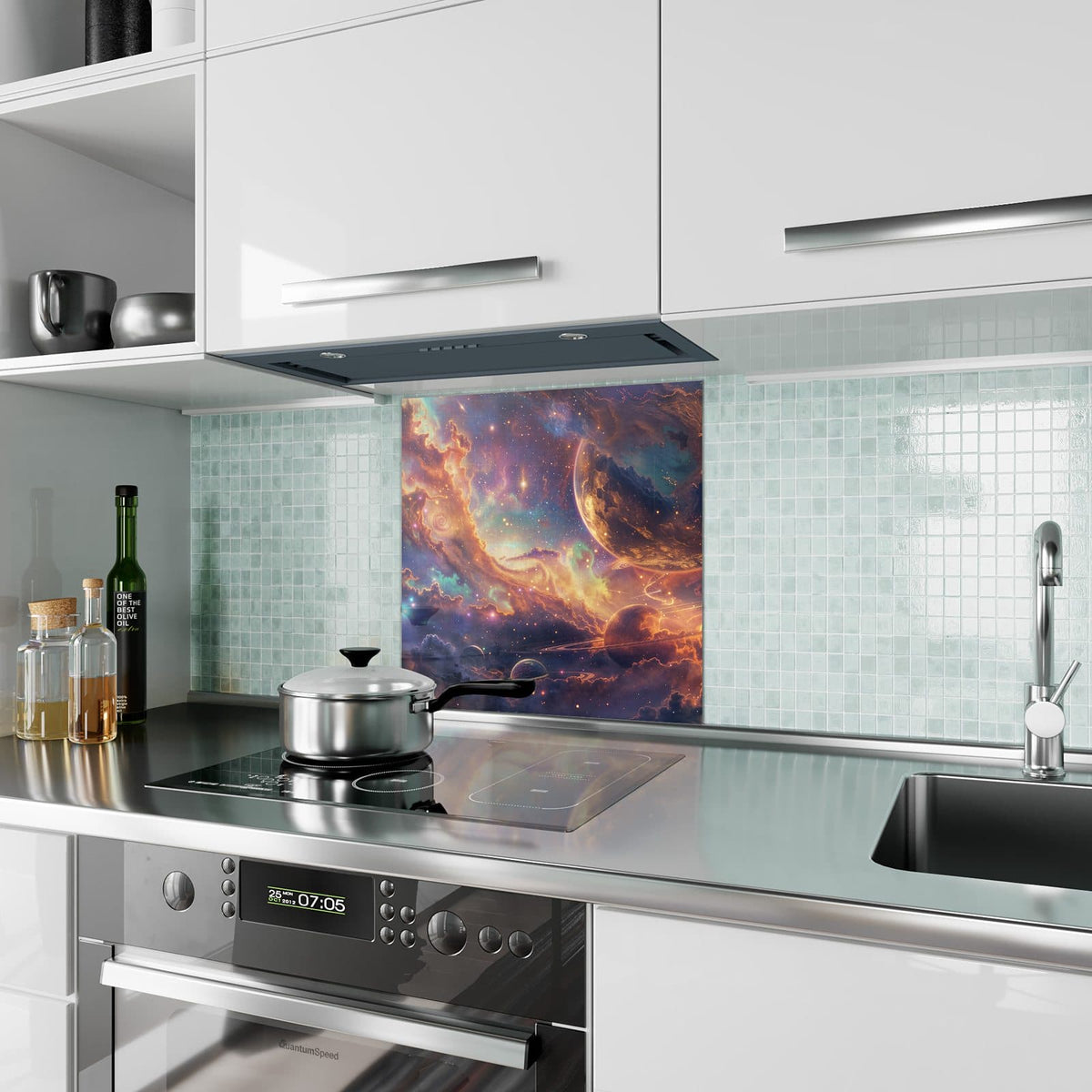 Küchenrückwand aus Glas Ringplaneten in Gold im quadratischen Format als Spritzschutz hinter dem Kochfeld, über dem Fliesenspiegel montiert