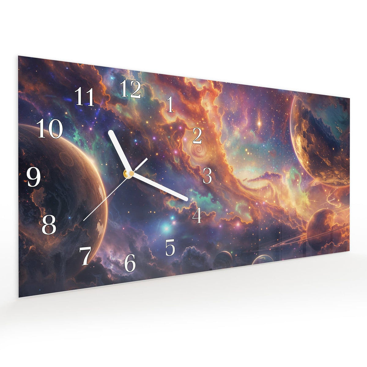 Vormontiert – mit Schwebeeffekt – Wanduhr Galaxie Fantasy aus Glas – Querformat 60 × 30 cm