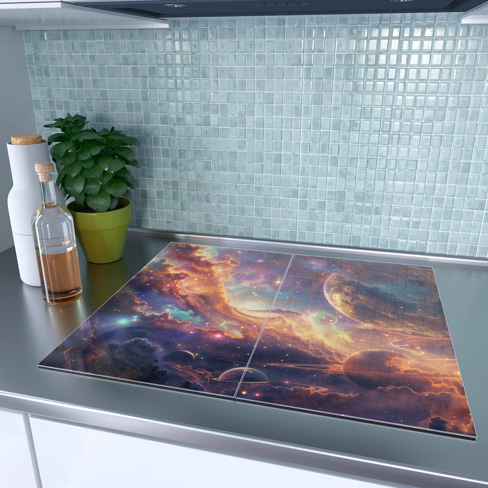2-teilige Abdeckung für Herdplatte mit Galaxie Fantasy-Motiv auf dem Ceranfeld