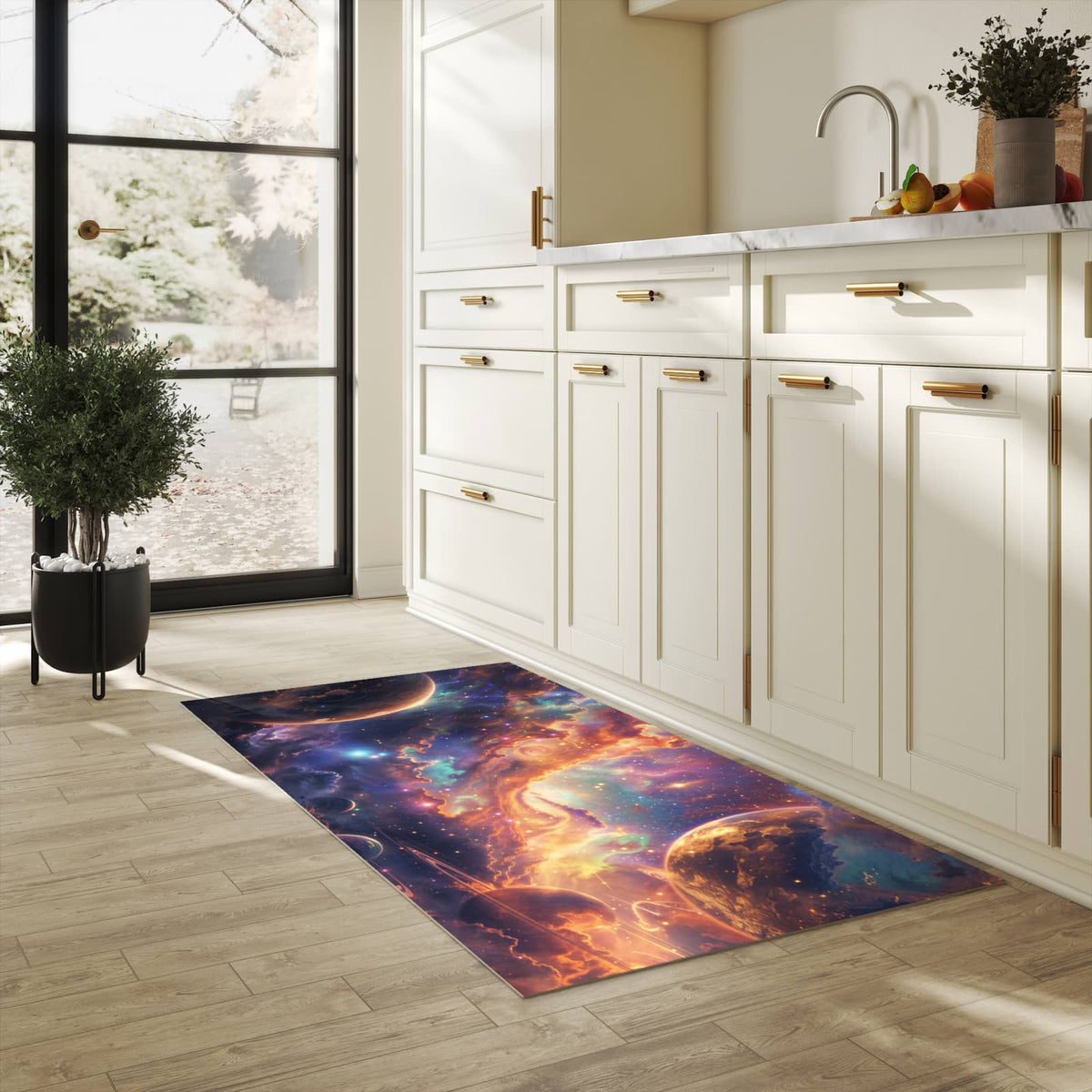 Küchenläufer mit Motiv Galaxie Fantasy in heller Küche für sichere Aufbewahrung