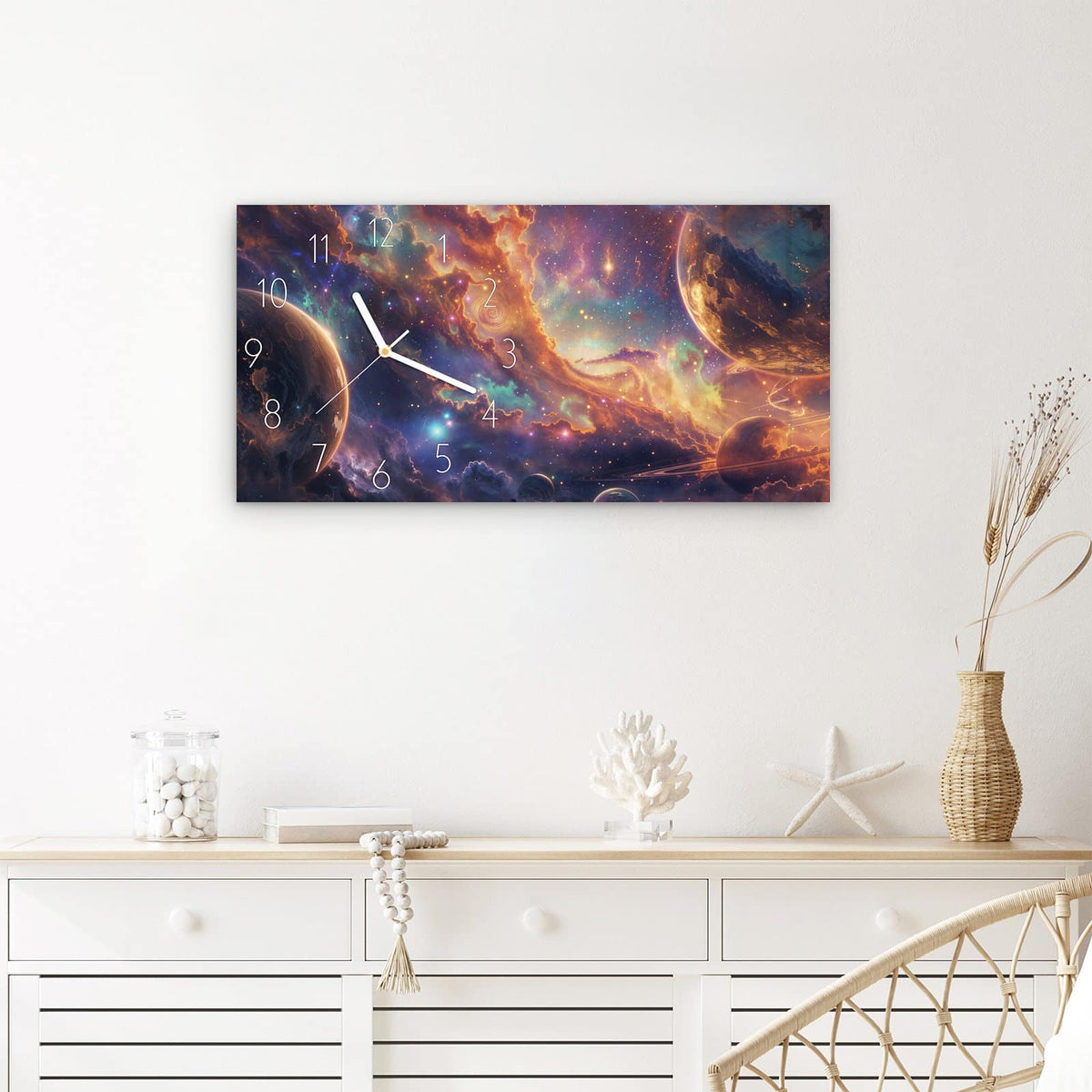 Wanduhr Galaxie Fantasy aus Glas – Querformat 60 × 30 cm – Farbenprächtige Planeten und Nebel