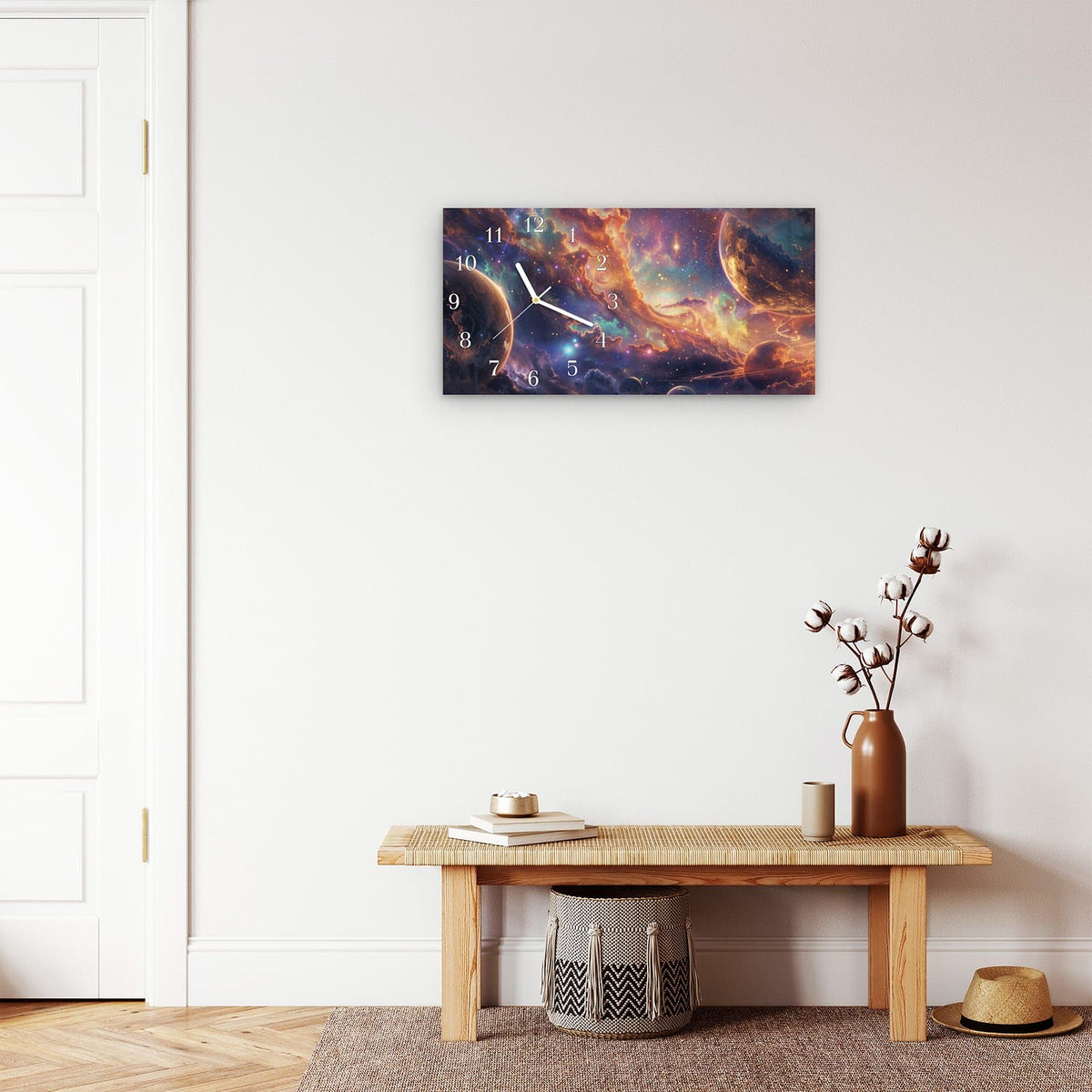 Moderne Wanduhr aus Glas mit Farbtiefe – Wanduhr Galaxie Fantasy aus Glas – Querformat 60 × 30 cm