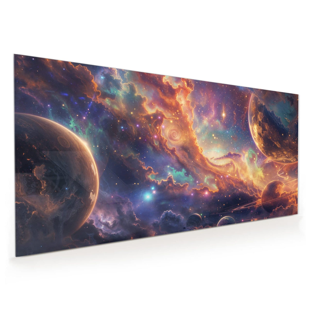Küchenrückwand aus Glas im Hochformat: Bunte Weltraumszene in Gold und Türkis mit großem Planeten oben und Ringplaneten unten