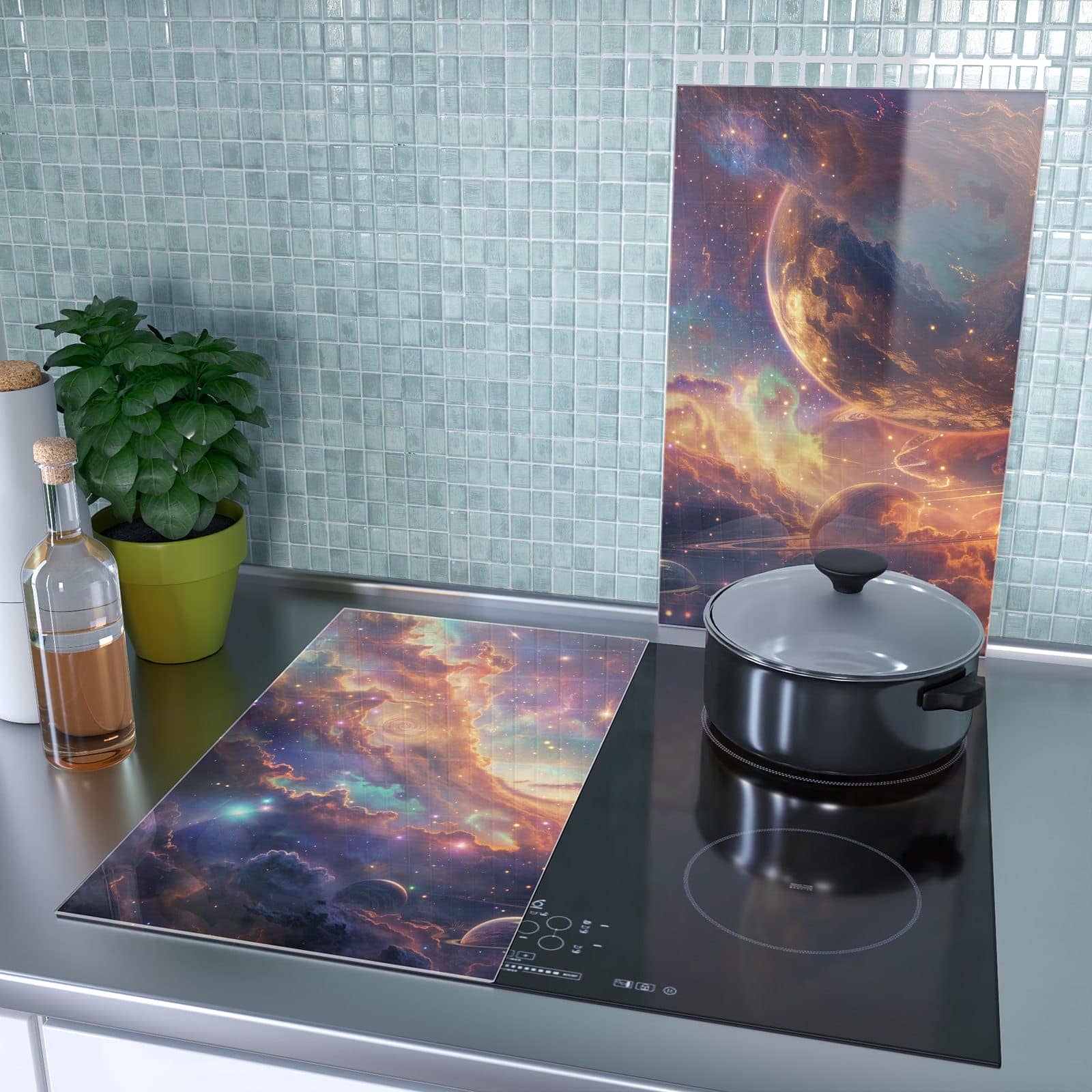 2-teilige Glasplatte für Herd mit Galaxie Fantasy-Motiv als Spritzschutz hinter dem Kochfeld