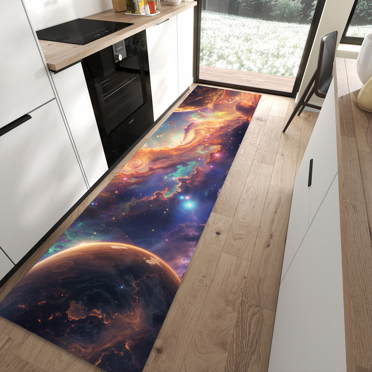 Langlebiger Bodenläufer mit Motiv Galaxie Fantasy in moderner Küche