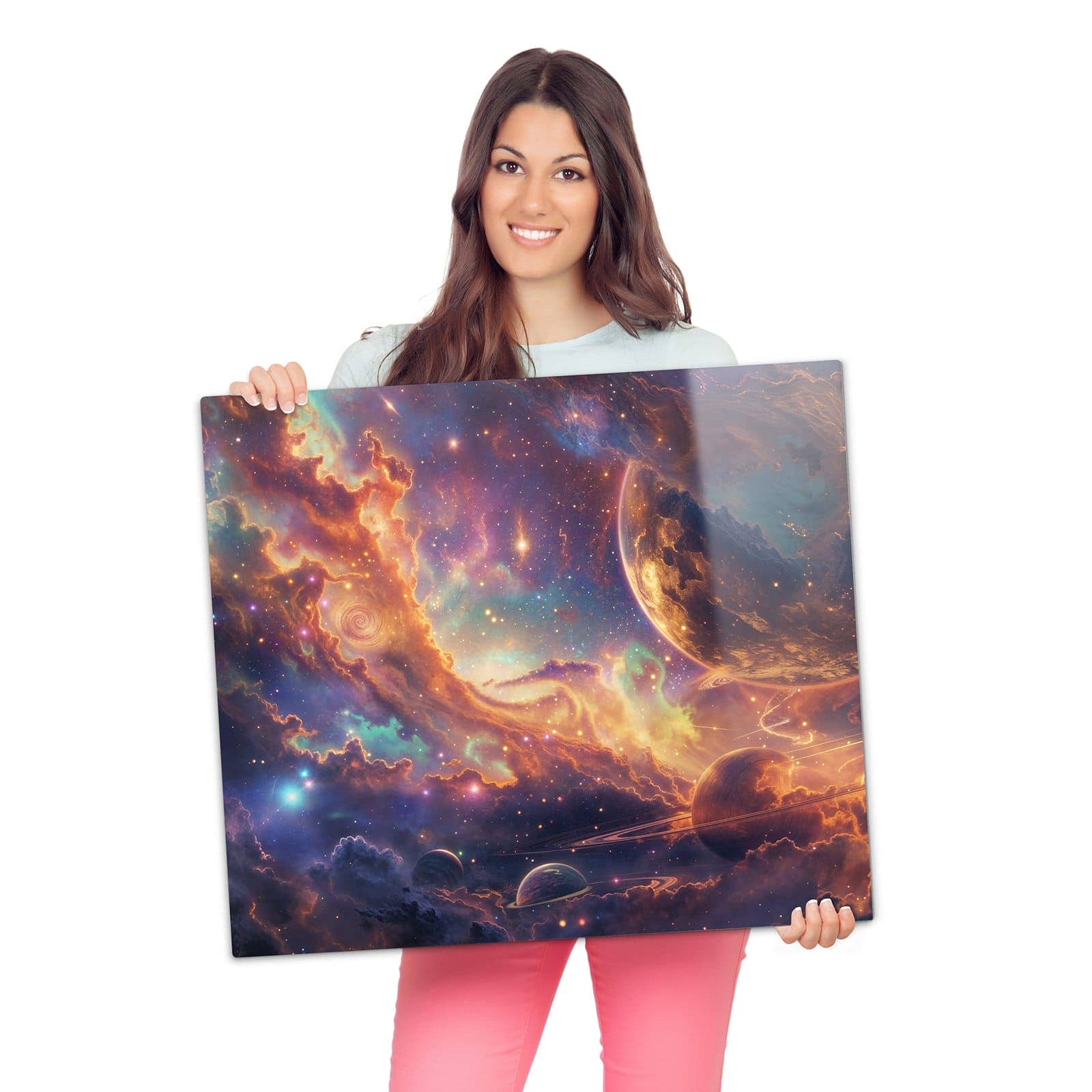 1-teilige Abdeckplatte für Herd mit Galaxie Fantasy-Motiv wird zur Größendarstellung gehalten