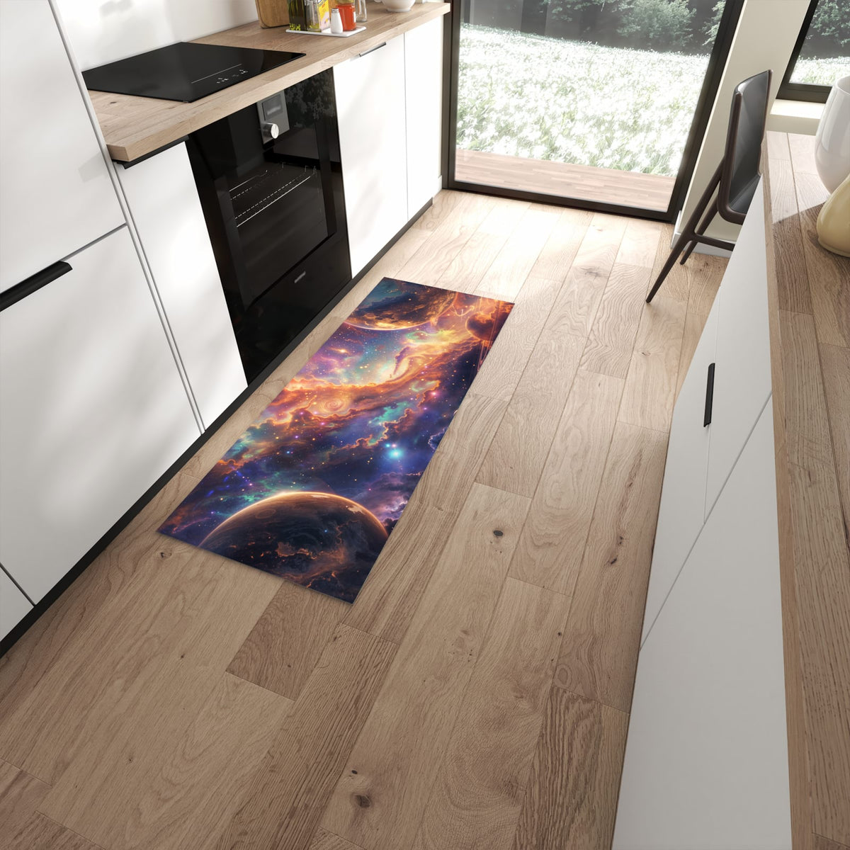 Zeitsparender langer Teppich mit Motiv Galaxie Fantasy in moderner Küche #grösse_60 x 150 cm