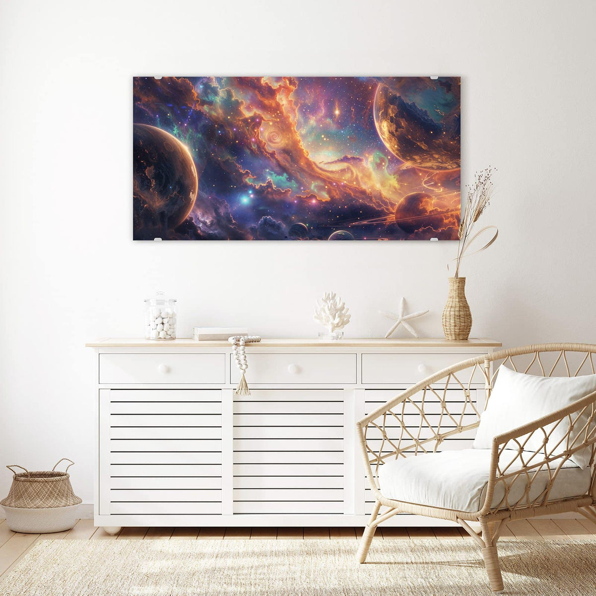 Echtglas, 4 mm – kein Acryl, keine Folie – Wandbild - Ringplaneten in Gold - Querformat