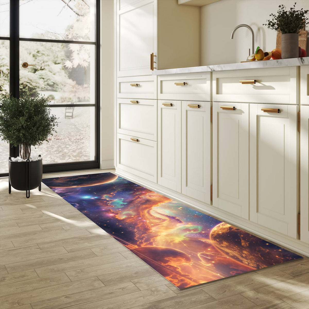 Farbbeständiger Küchenteppich mit Motiv Galaxie Fantasy in heller Küche