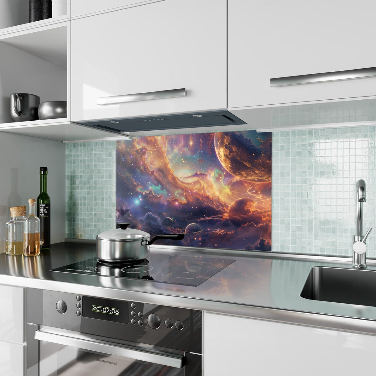 Küchenrückwand aus Glas Ringplaneten in Gold im Hochformat als Spritzschutz hinter dem Kochfeld, über dem Fliesenspiegel montiert