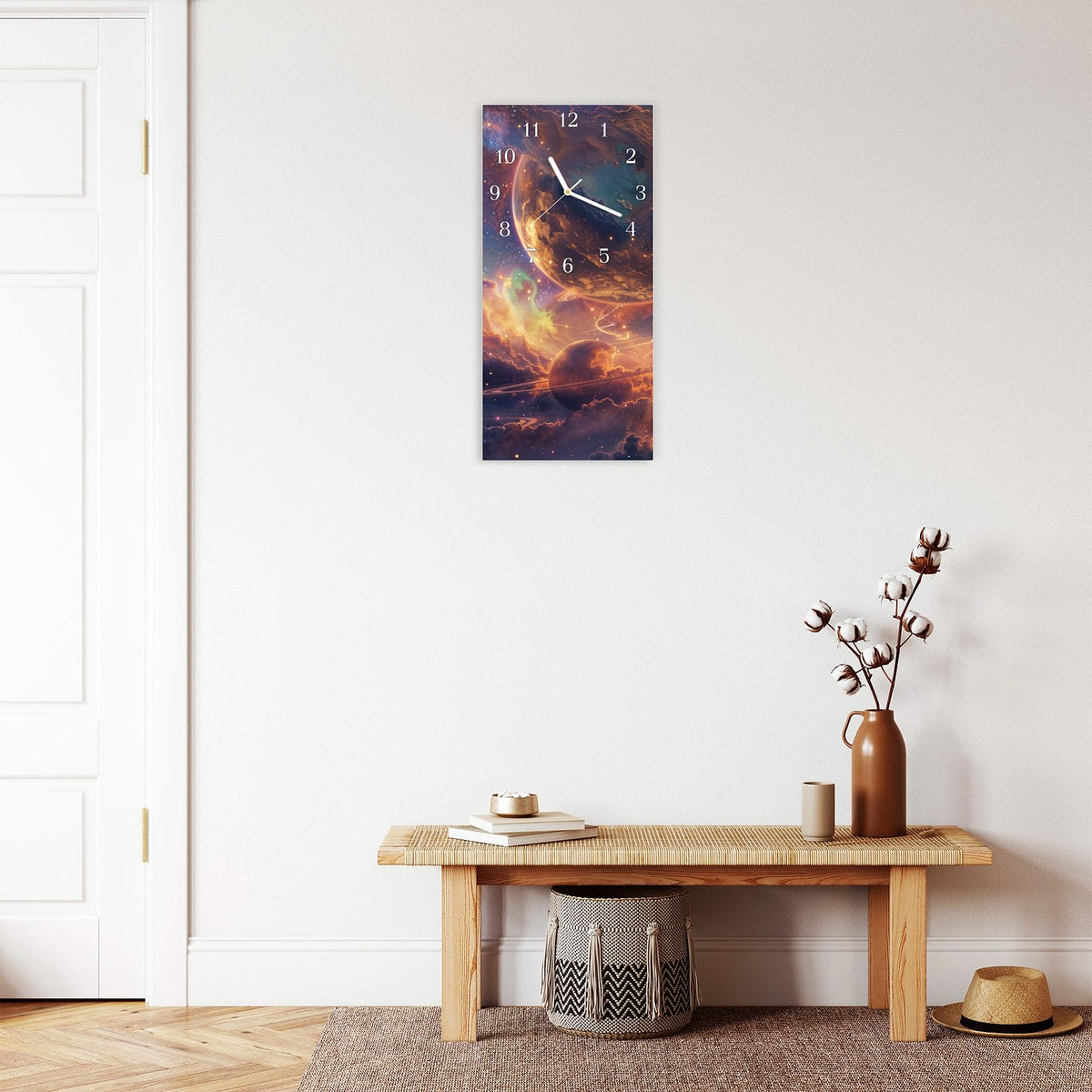 Moderne Wanduhr aus Glas mit Farbtiefe – Wanduhr Galaxie Fantasy aus Glas – Hochformat 30 × 60 cm
