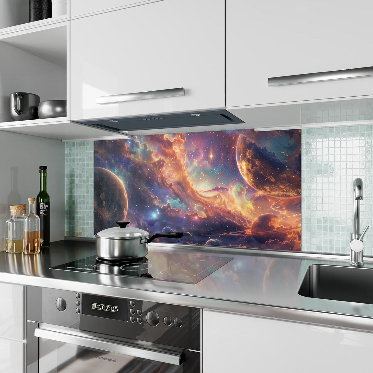 Küchenrückwand aus Glas Ringplaneten in Gold im Hochformat als Spritzschutz hinter dem Kochfeld, über dem Fliesenspiegel montiert