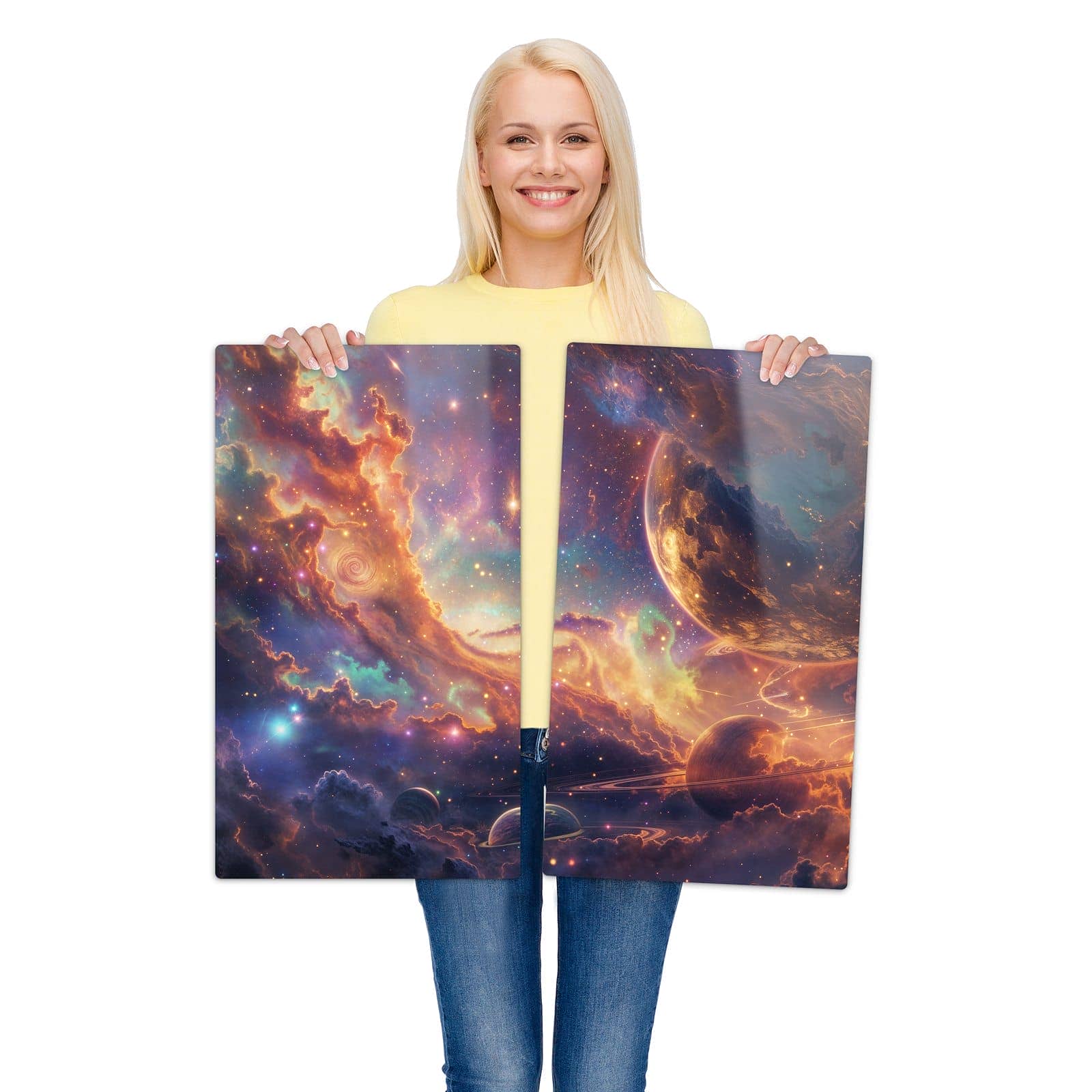 2-teilige Herdabdeckplatte mit Galaxie Fantasy-Motiv wird zur Größendarstellung gehalten