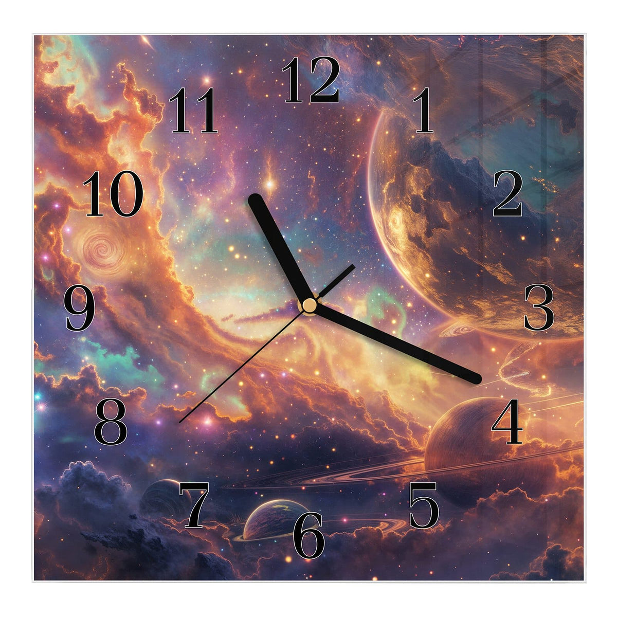 Wanduhr aus Glas, Ziffernblatt Klassisch: Bunte Weltraumszene in Gold und Türkis mit großem Planeten oben und Ringplaneten unten