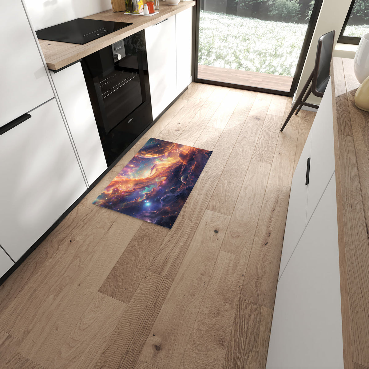 Waschbarer dünner Küchenteppich mit Motiv Galaxie Fantasy in moderner Küche