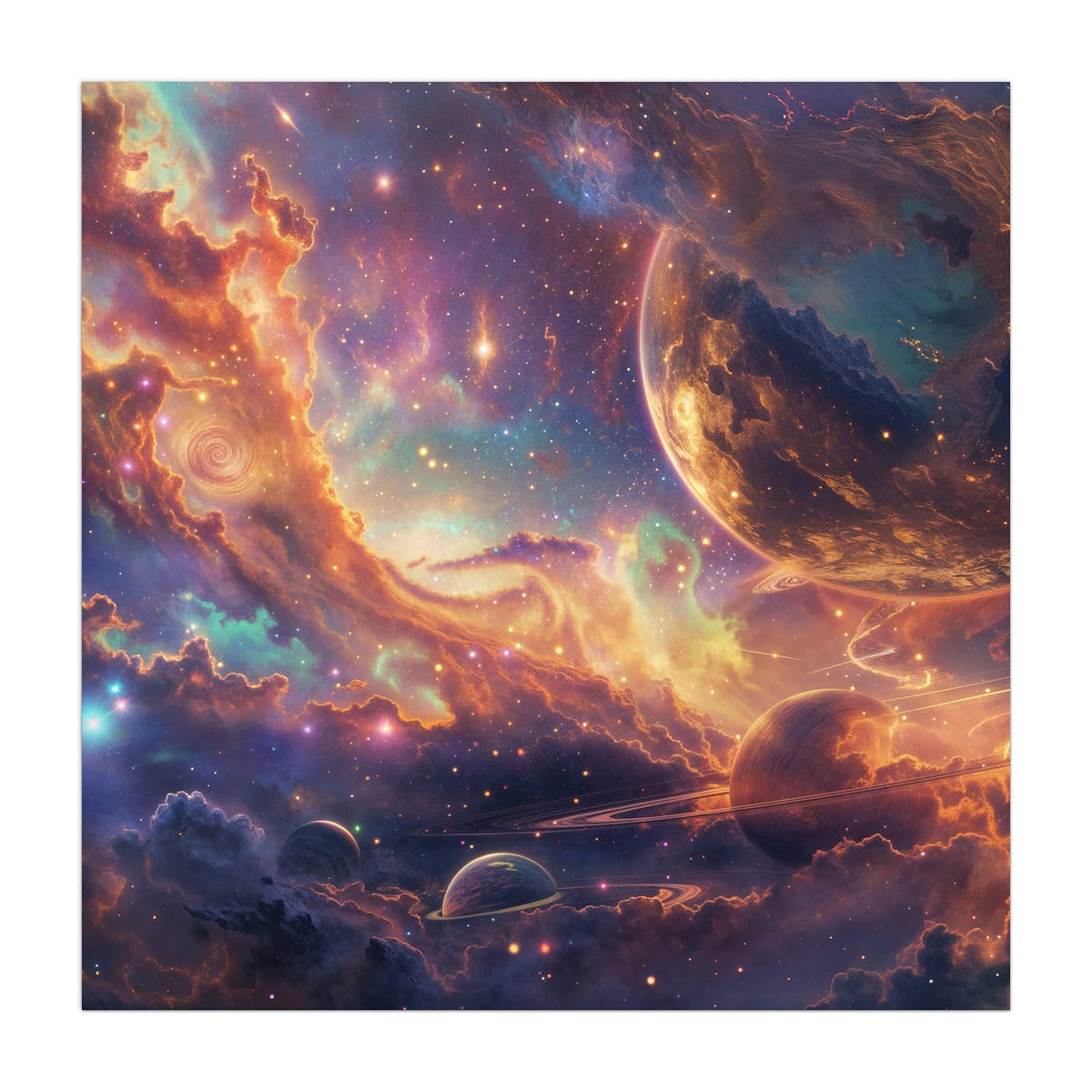 Küchenrückwand aus Glas Ringplaneten in Gold im quadratischen Format, Motiv bildfüllend von vorn