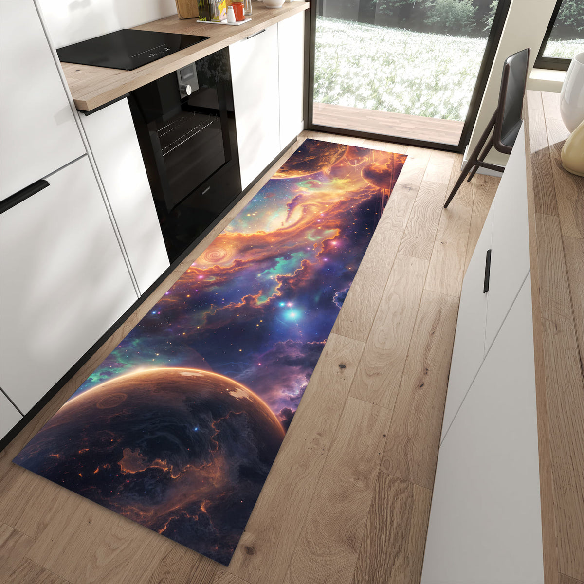 Geruchsneutraler rutschfester Küchenteppich mit Motiv Galaxie Fantasy in moderner Küche