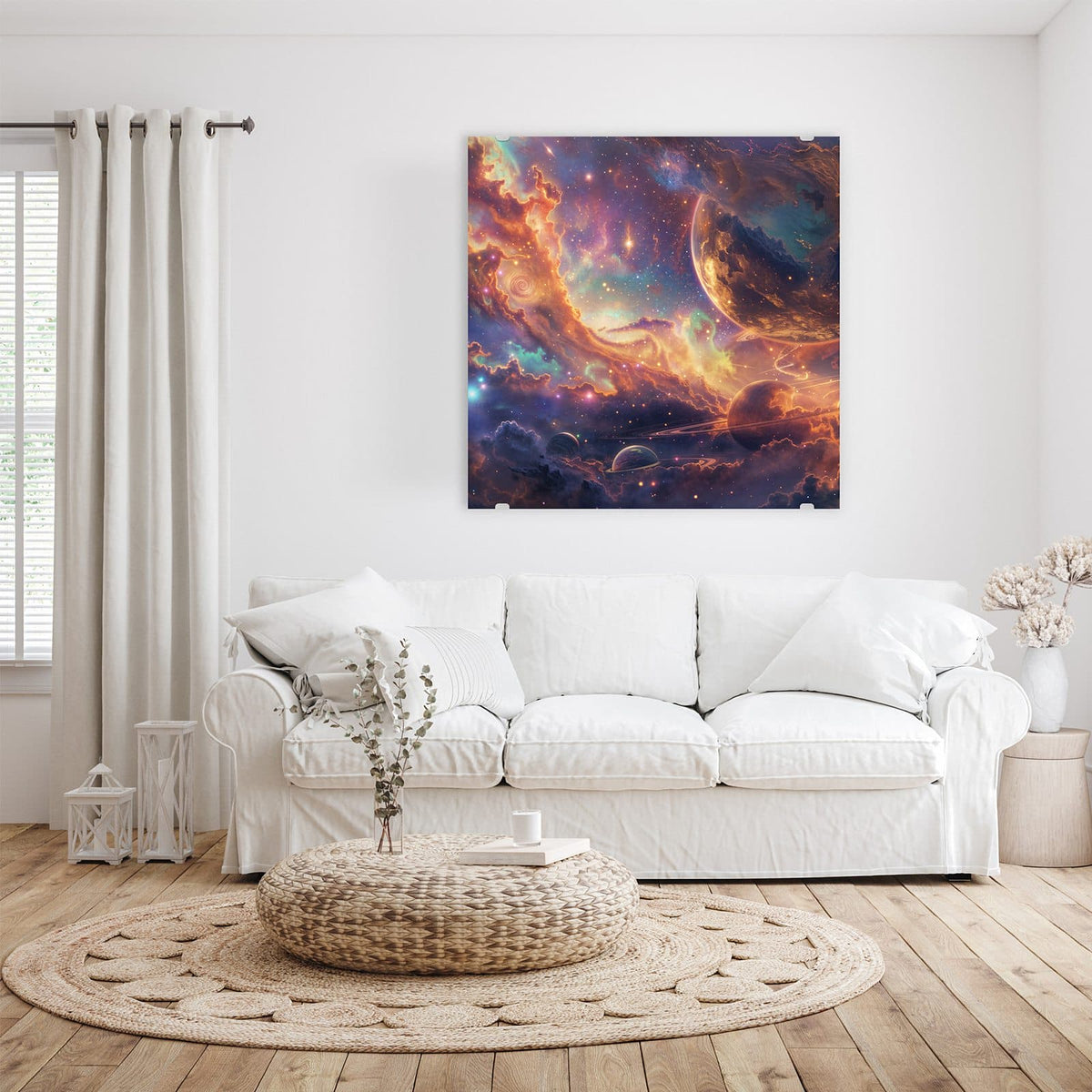 Glasbild Ringplaneten in Gold an der Wand – Bunte Weltraumszene in Gold und Türkis mit großem Planeten oben und Ringplaneten unten