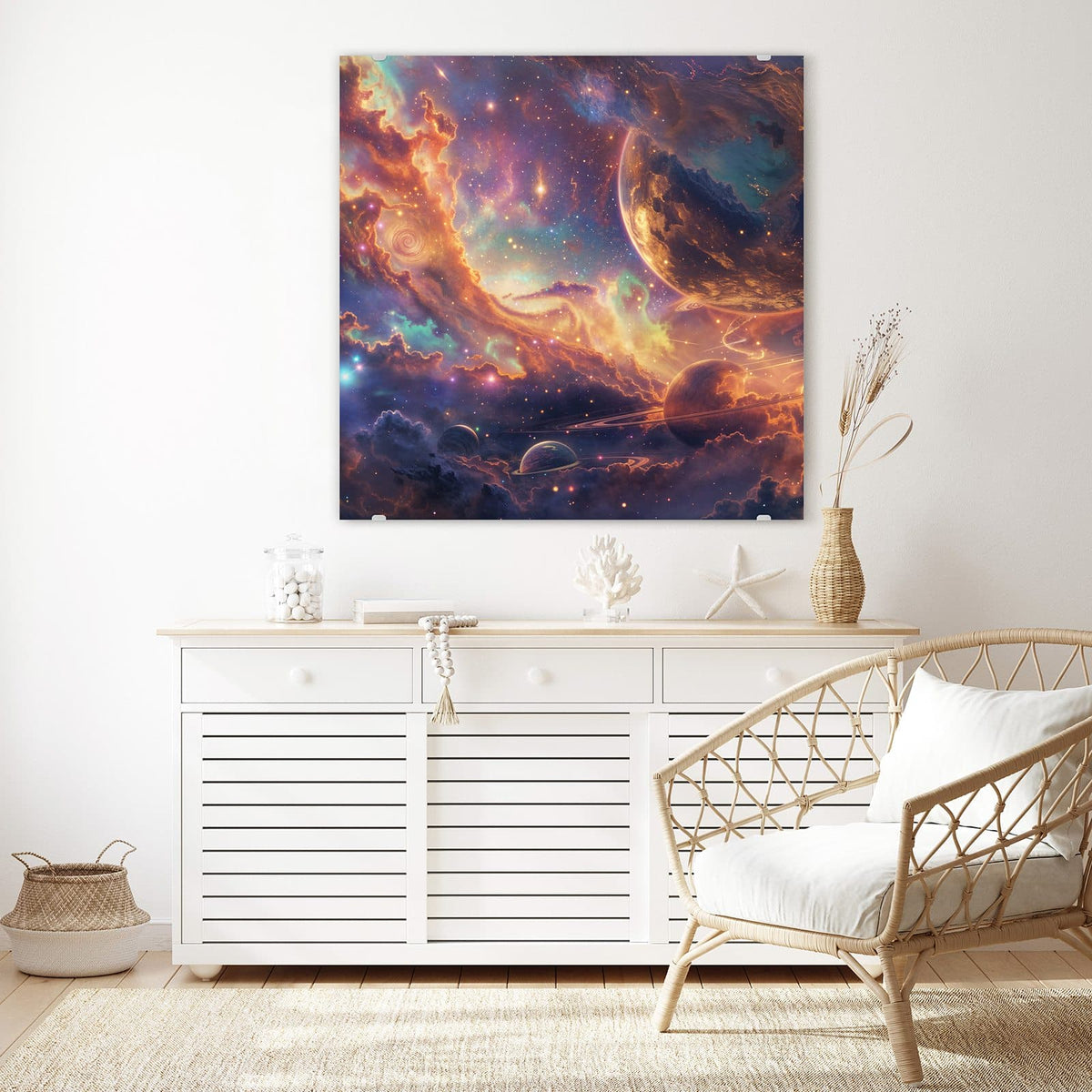 Echtglas, 4 mm – kein Acryl, keine Folie – Wandbild - Ringplaneten in Gold - Quadratisch