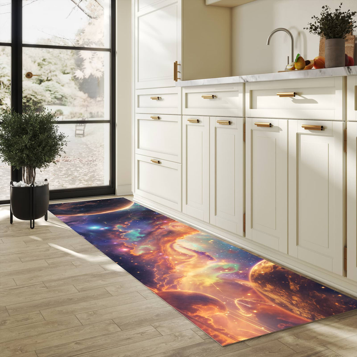 Formstabiler Küchenteppich mit Motiv Galaxie Fantasy in heller Küche