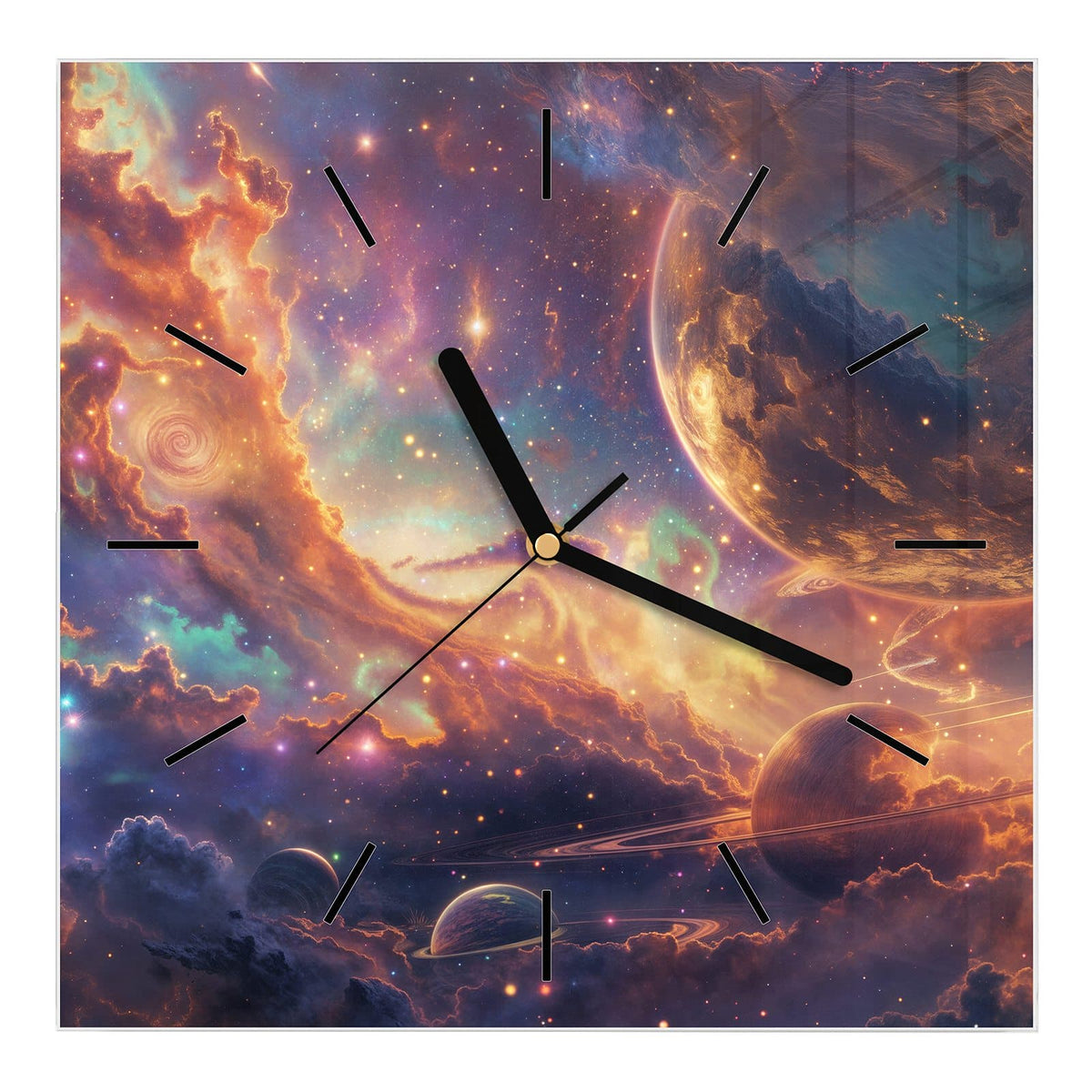 Wanduhr aus Glas, Ziffernblatt Linie: Bunte Weltraumszene in Gold und Türkis mit großem Planeten oben und Ringplaneten unten