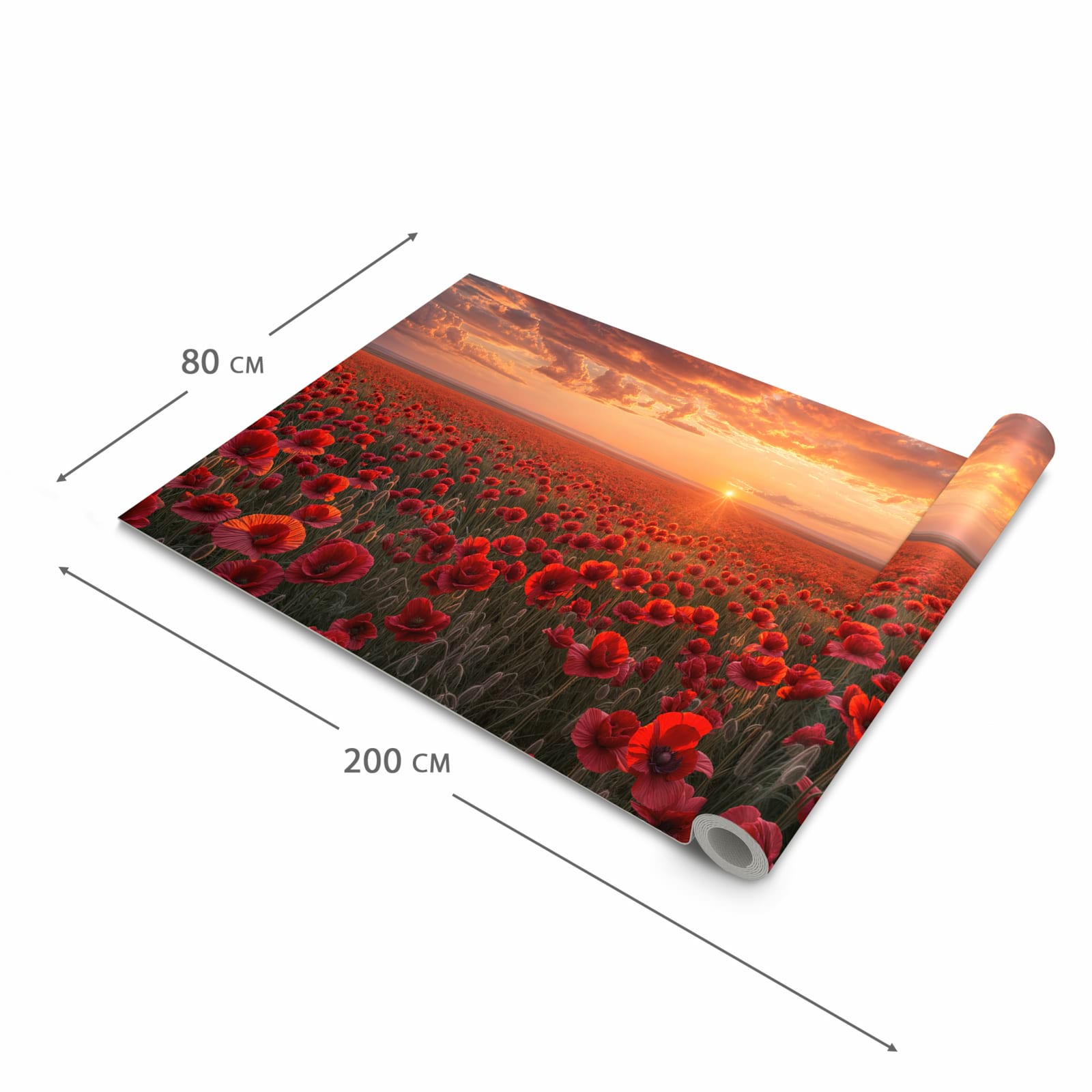 Waschbarer Bodenläufer Teppich mit Motiv Mohnfeld Sonnenuntergang in der Grösse 80x300 cm