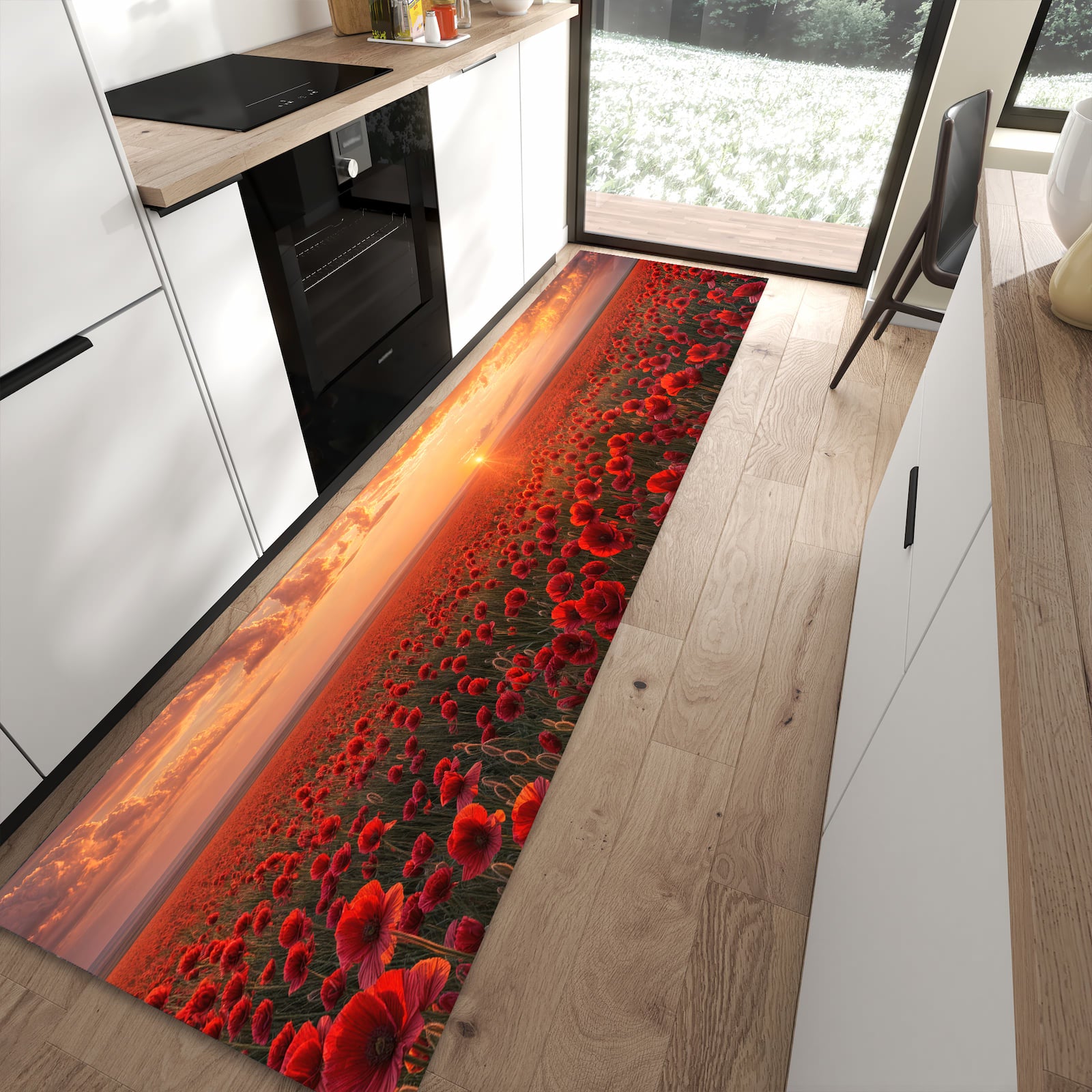 Bodenschonender Küchenläufer mit Motiv Mohnfeld Sonnenuntergang in moderner Küche
