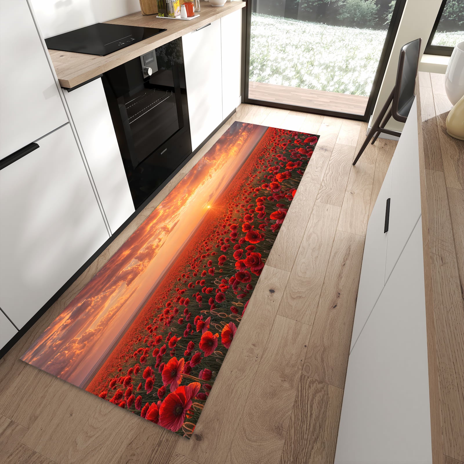 Bodenschonender Küchenteppich mit Motiv Mohnfeld Sonnenuntergang in moderner Küche