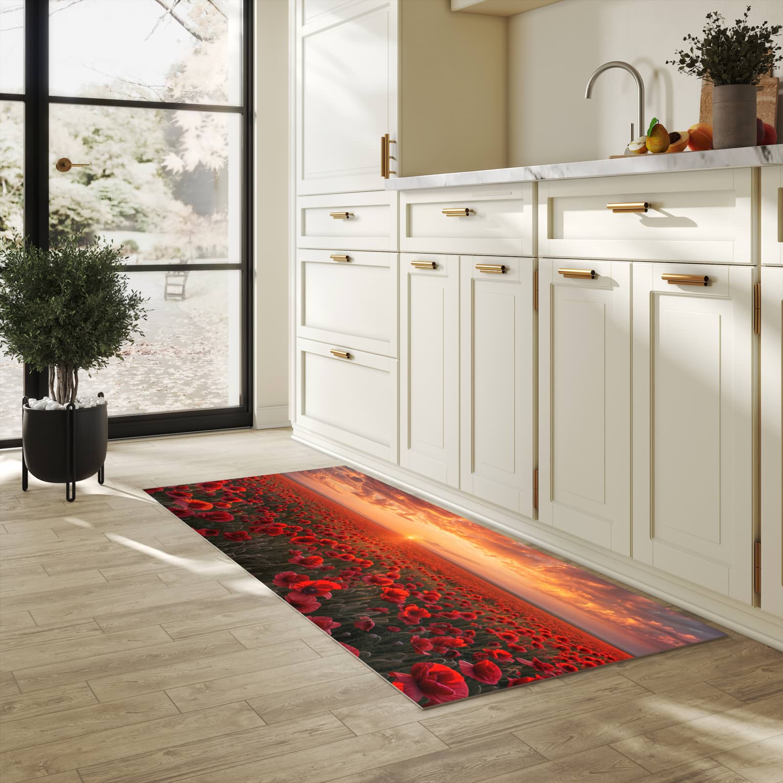Flacher rutschfester Küchenläufer mit Motiv Mohnfeld Sonnenuntergang in heller Küche