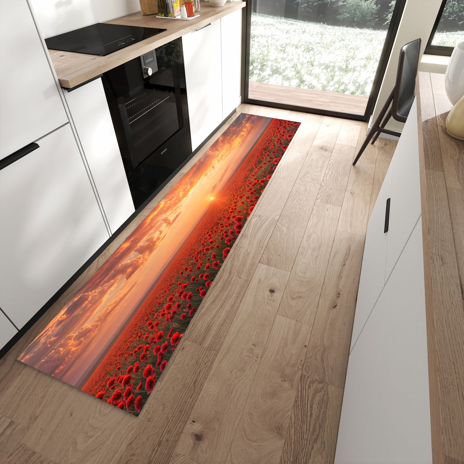 Waschbarer Küchenläufer mit Motiv Mohnfeld Sonnenuntergang in moderner Küche