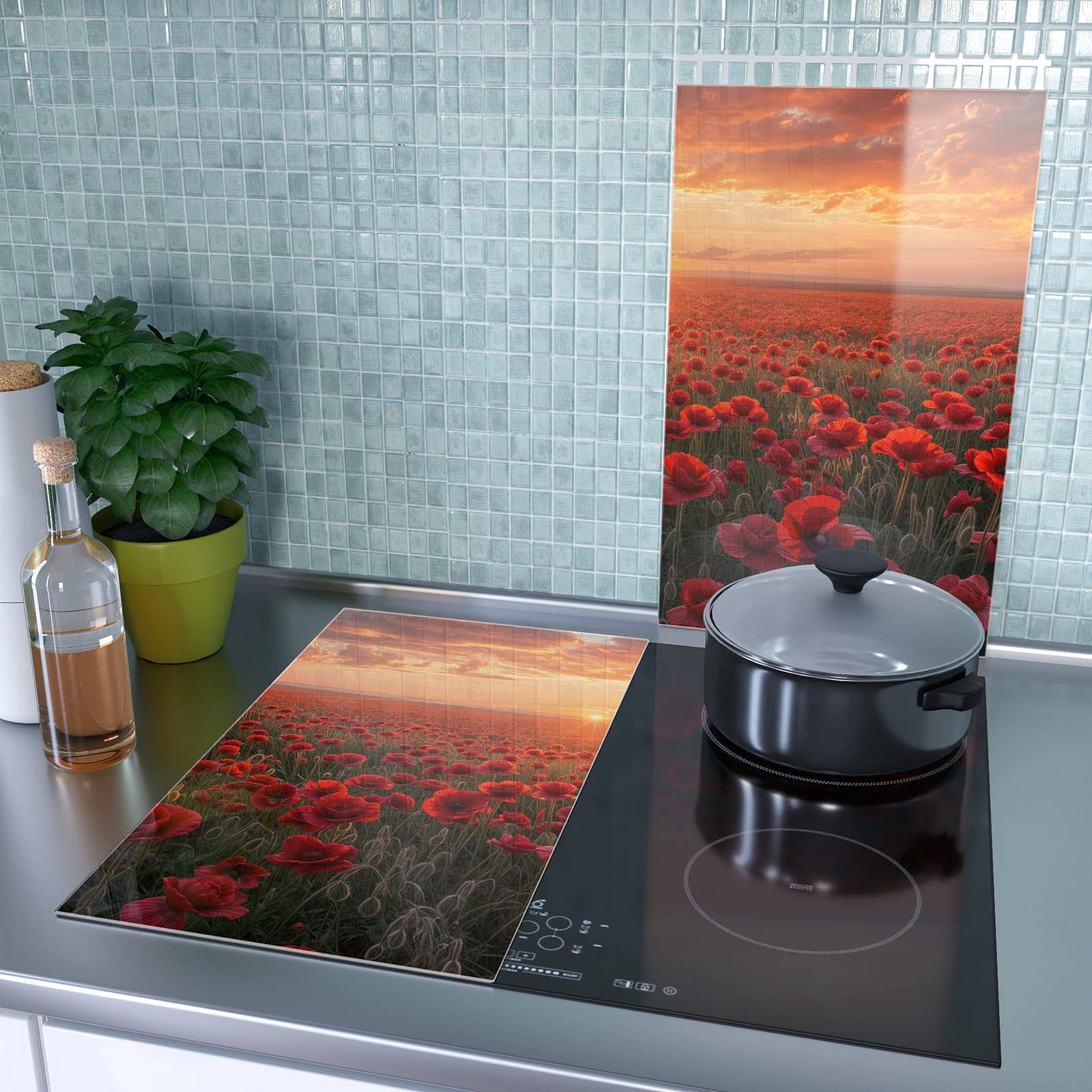 2-teilige Abdeckplatten für den Herd mit Mohnfeld Sonnenuntergang-Motiv als Spritzschutz hinter dem Kochfeld