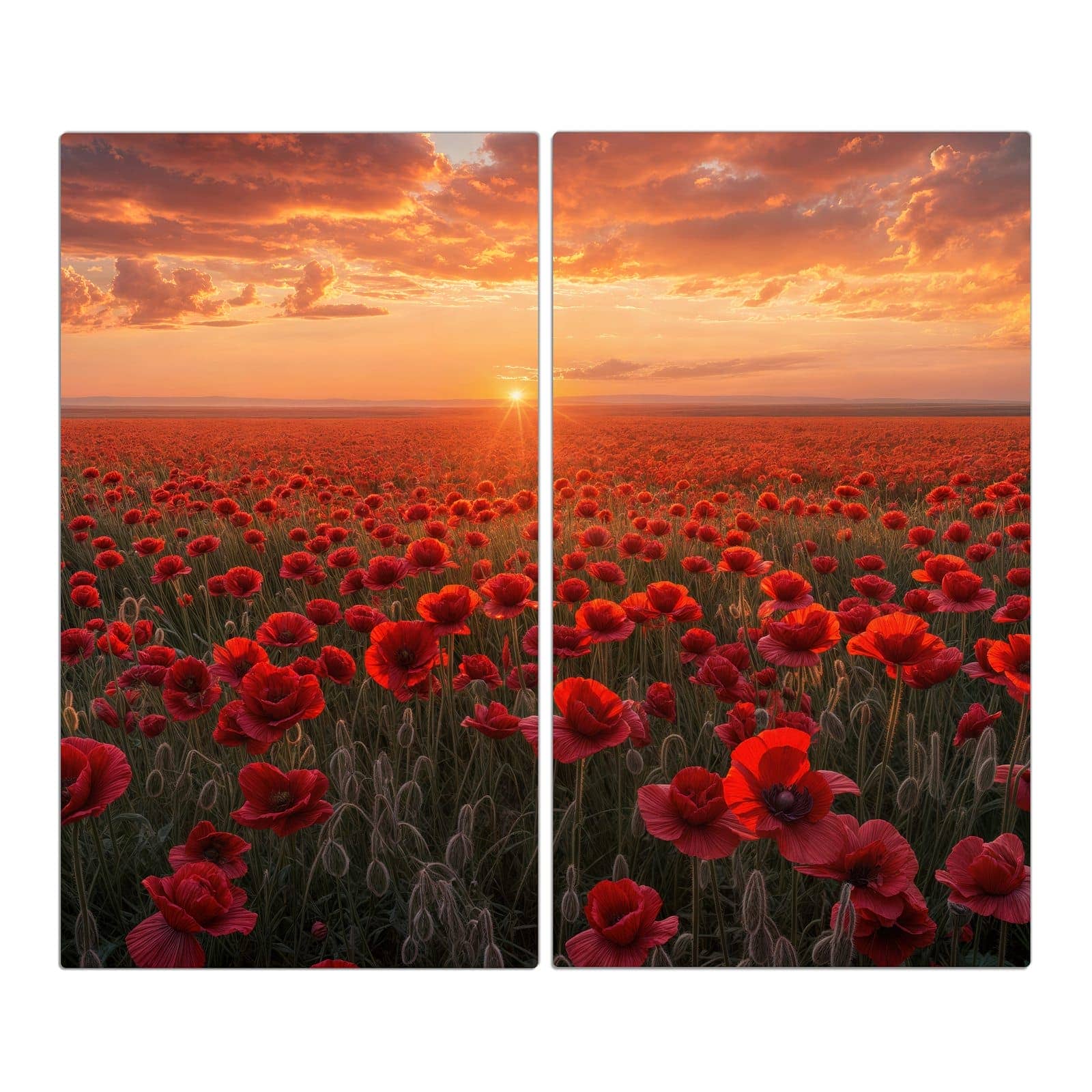 2-teilige Herdabdeckplatte aus Glas mit Mohnfeld Sonnenuntergang-Motiv in der Frontansicht #grösse_2-Teilig (60x52cm)