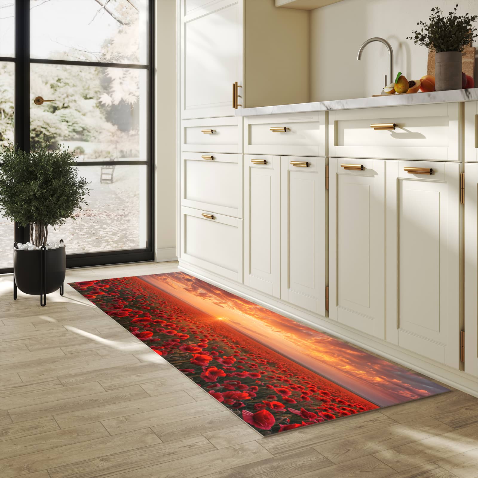 Pflegeleichter waschbarer Küchenläufer mit Motiv Mohnfeld Sonnenuntergang in heller Küche