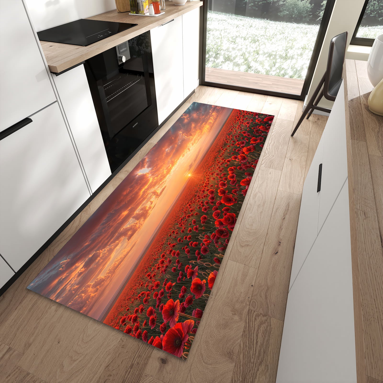 Formstabiler waschbarer Läufer für die Küche mit Motiv Mohnfeld Sonnenuntergang in moderner Küche