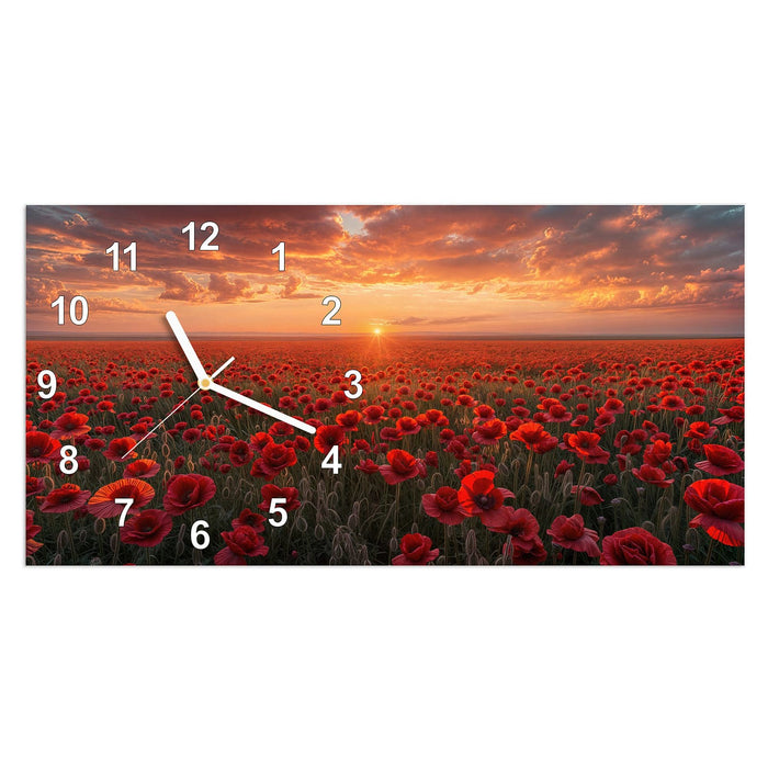 Wanduhr Mohnfeld Sonnenuntergang aus Glas – Querformat 60 × 30 cm mit Ziffernblatt Modern