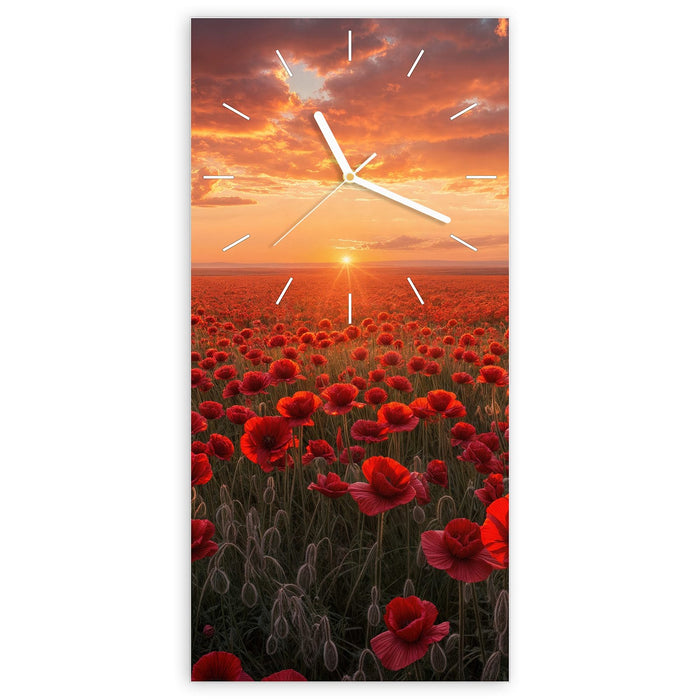 Wanduhr Mohnfeld Sonnenuntergang aus Glas – Hochformat 30 × 60 cm mit Ziffernblatt Linie