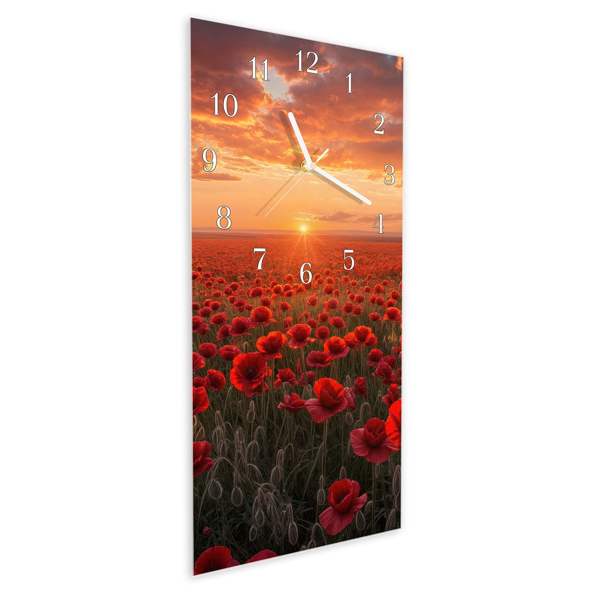 Vormontiert – mit Schwebeeffekt – Wanduhr Mohnfeld Sonnenuntergang aus Glas – Hochformat 30 × 60 cm