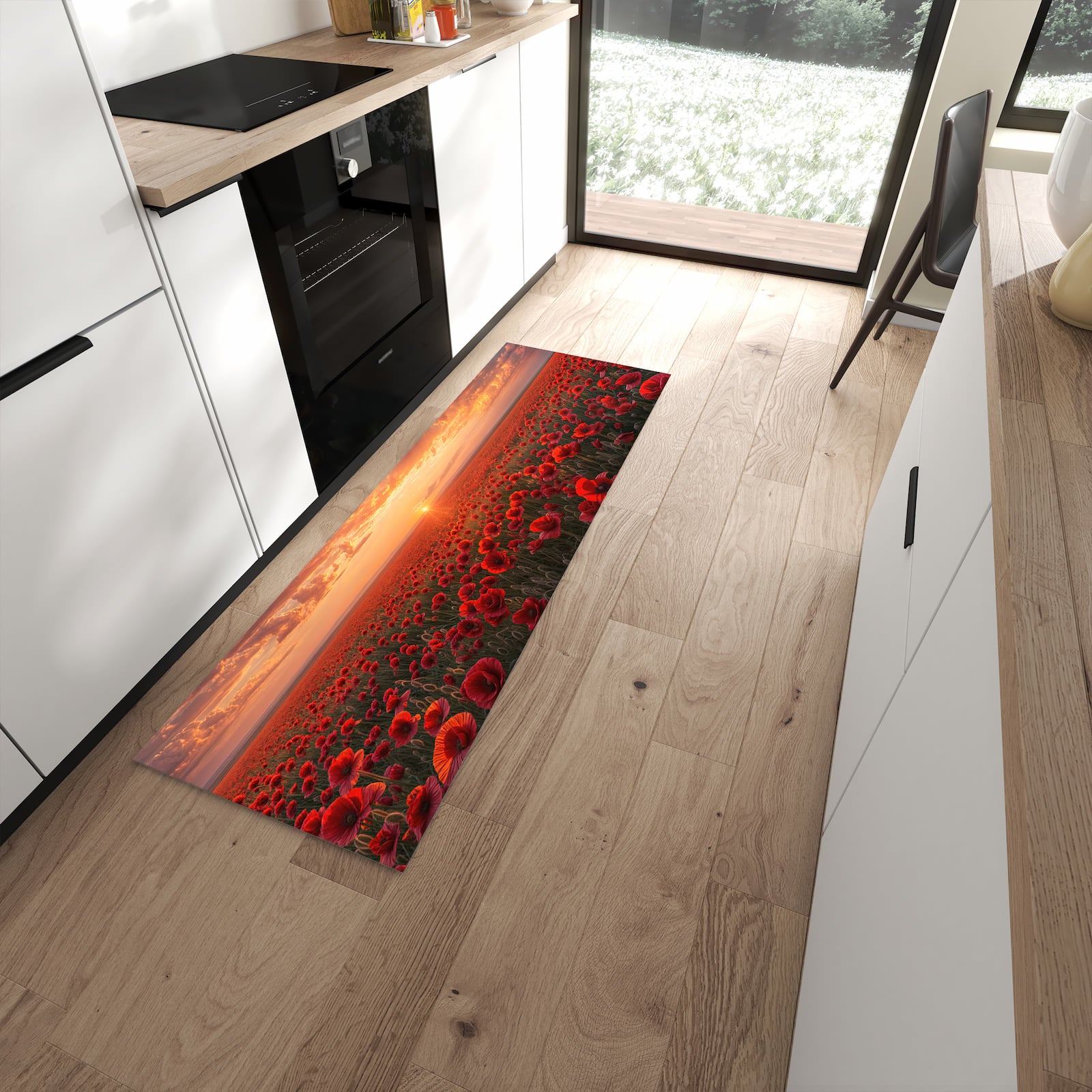 Hygienischer Küchenteppich mit Motiv Mohnfeld Sonnenuntergang in moderner Küche