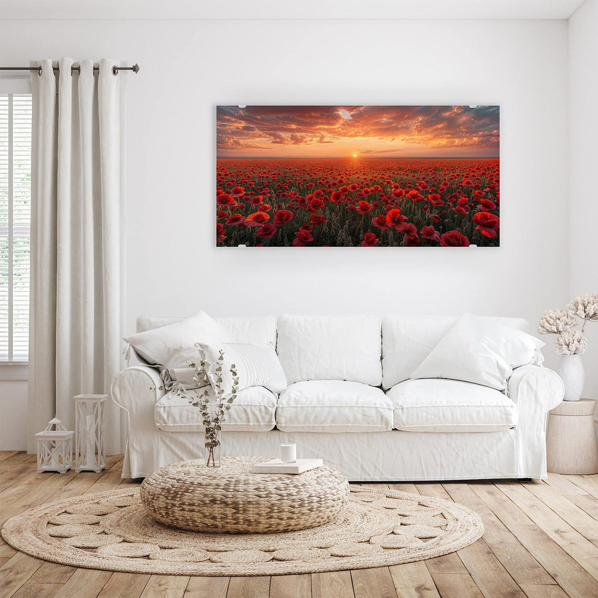 Wandbild - Mohnfeld im Abendrot - Querformat – Rotes Mohnfeld im Abendlicht