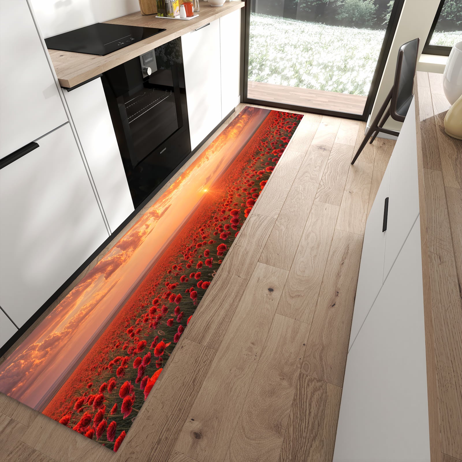 Langlebiger Küchenläufer mit Motiv Mohnfeld Sonnenuntergang in moderner Küche