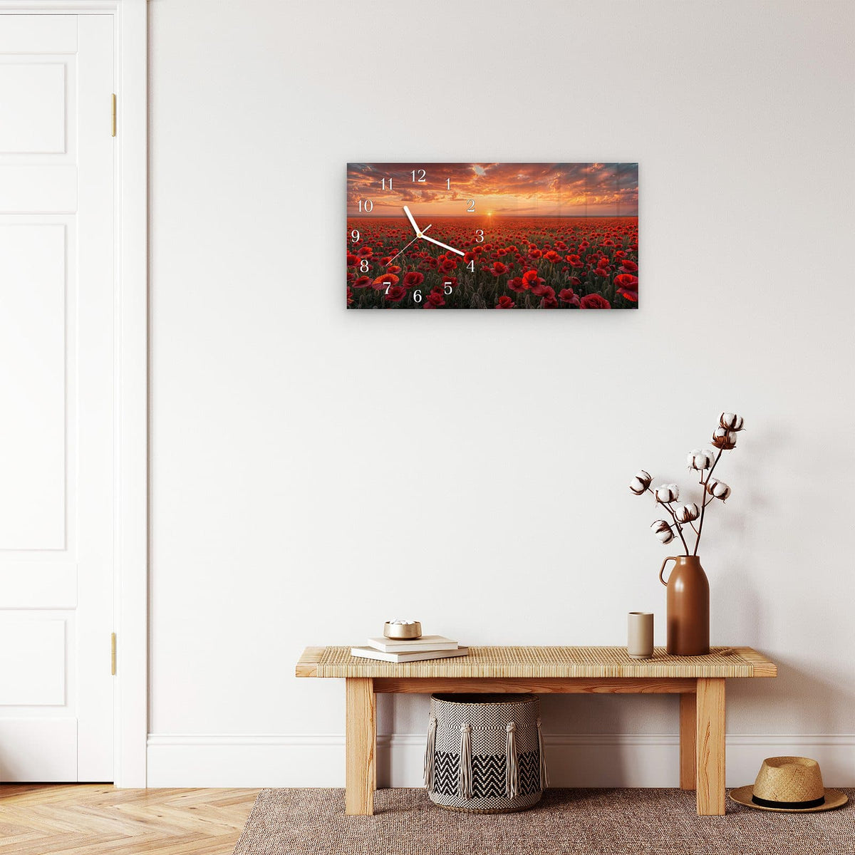 Moderne Wanduhr aus Glas mit Farbtiefe – Wanduhr Mohnfeld Sonnenuntergang aus Glas – Querformat 60 × 30 cm