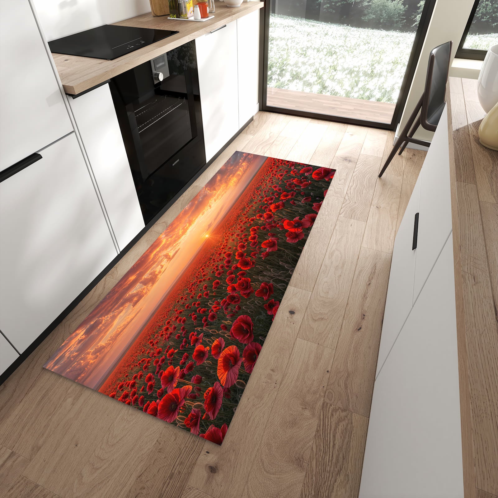 Feuchtigkeitsresistenter Küchenvorleger mit Motiv Mohnfeld Sonnenuntergang in moderner Küche